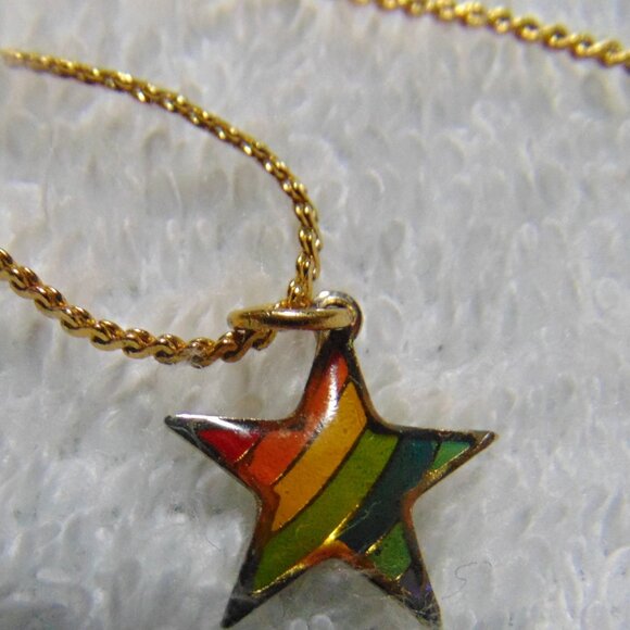 Vintage Rainbow Star with Gold Plated Back on Gold Chain Necklace - Picture 2 of 9